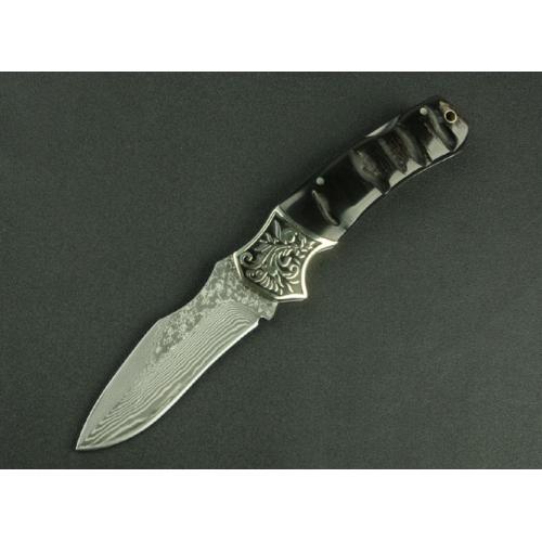 Damascus Folding Knife - Black Horn 3 (Concave Handle)
