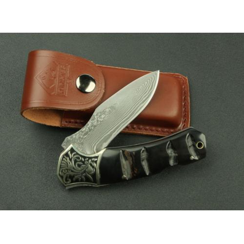 Damascus Folding Knife - Black Horn 3 (Concave Handle)