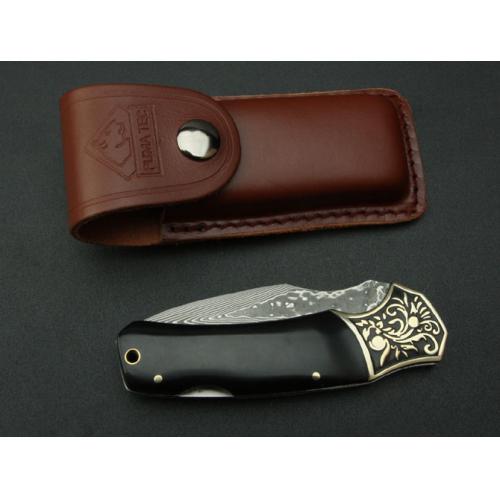 Damascus Folding Knife - Black Horn 3 (Concave Handle)