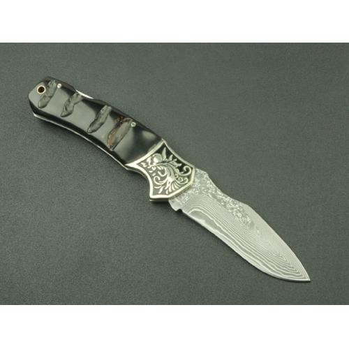 Damascus Folding Knife - Black Horn 3 (Concave Handle)