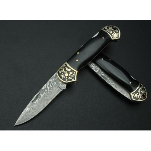 Damascus Folding Knife - Black Horn No. 2 (Concave Handle)