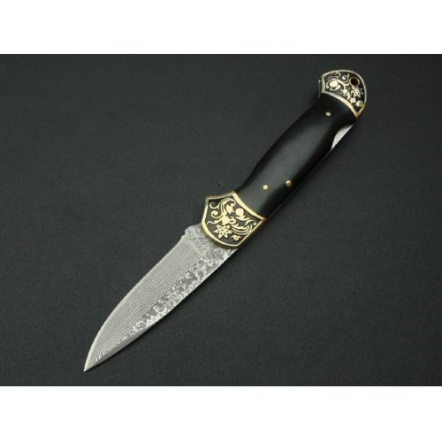 Damascus Folding Knife - Black Horn No. 2 (Concave Handle)