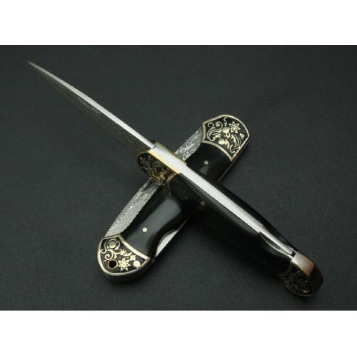 Damascus Folding Knife - Black Horn No. 2 (Concave Handle)