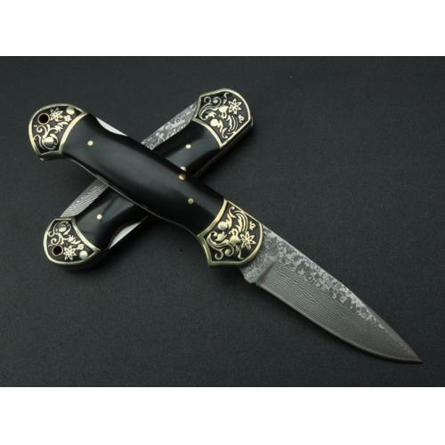 Damascus Folding Knife - Black Horn No. 2 (Concave Handle)