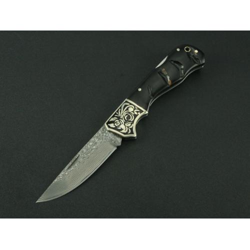 Damascus Folding Knife - Black Horn Handle (Concave Design)