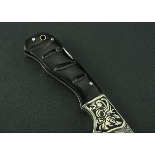 Damascus Folding Knife - Black Horn Handle (Concave Design)