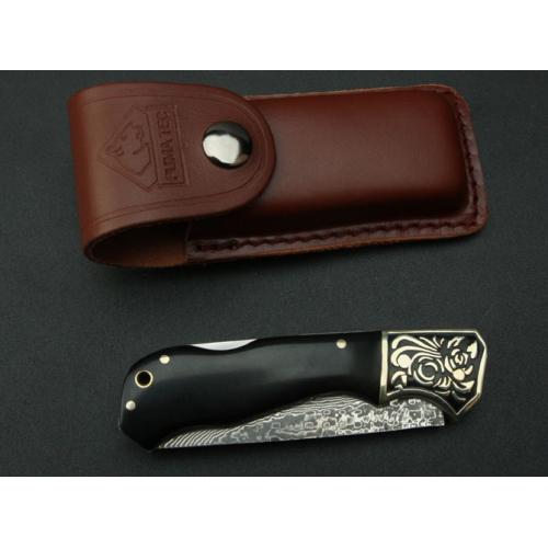Damascus Folding Knife - Black Horn Handle (Concave Design)