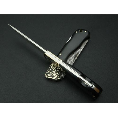 Damascus Folding Knife - Black Horn Handle (Concave Design)