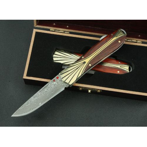 Little Red Star Damascus Folding Knife (Small)