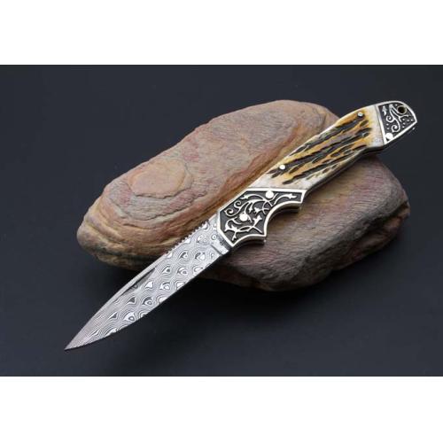 Imported Damascus Steel Folding Knife with Antler Handle