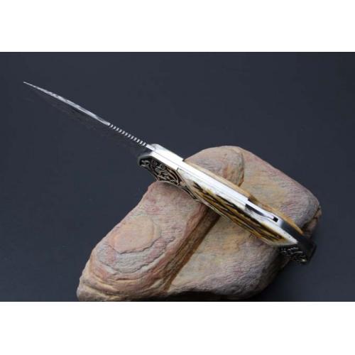 Imported Damascus Steel Folding Knife with Antler Handle