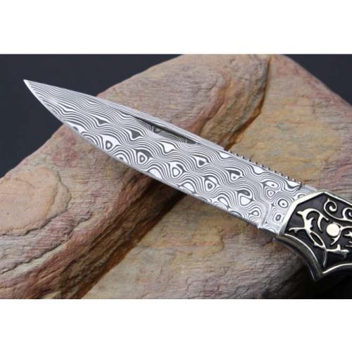 Imported Damascus Steel Folding Knife with Antler Handle