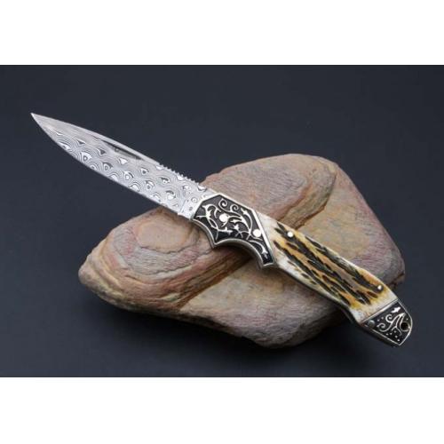 Imported Damascus Steel Folding Knife with Antler Handle