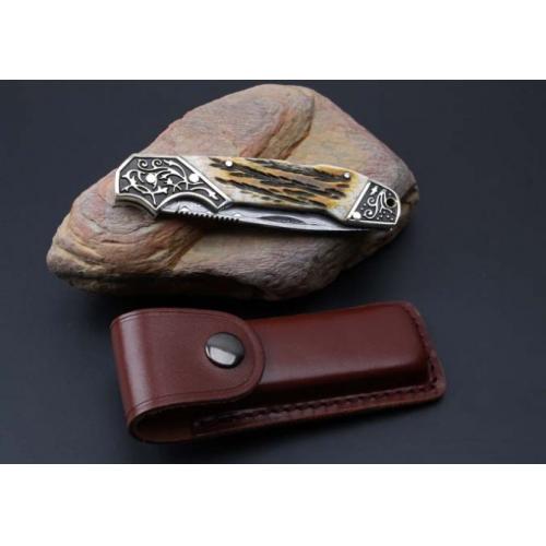 Imported Damascus Steel Folding Knife with Antler Handle