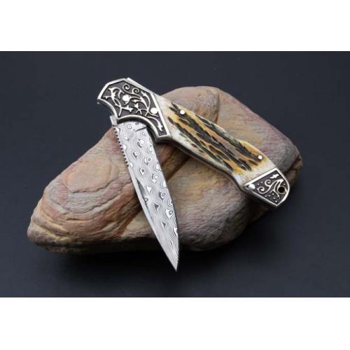 Imported Damascus Steel Folding Knife with Antler Handle