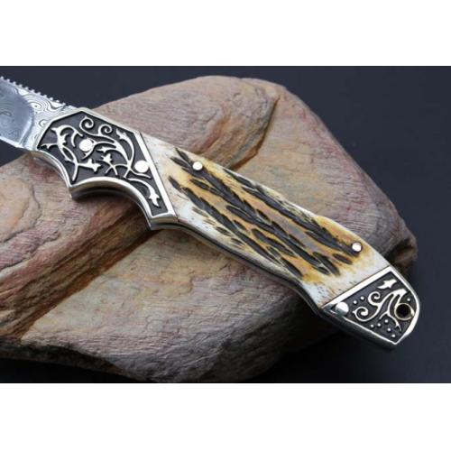 Imported Damascus Steel Folding Knife with Antler Handle