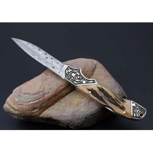 Imported Damascus Steel Folding Knife with Antler Handle