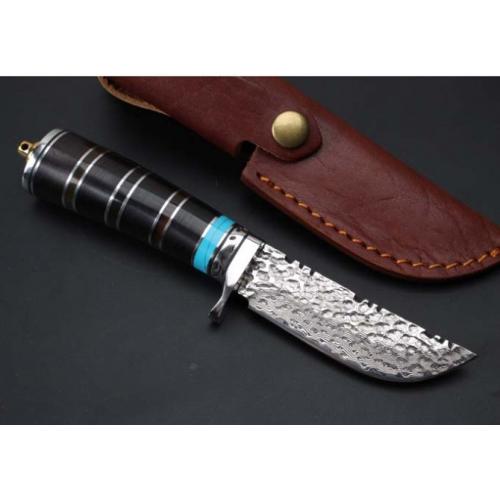 Thomas Damascus Ebony Horn Fixed Blade Knife