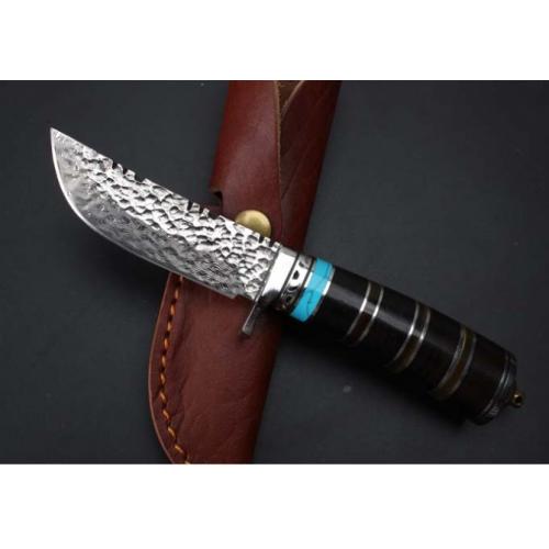 Thomas Damascus Ebony Horn Fixed Blade Knife