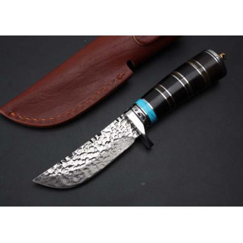Thomas Damascus Ebony Horn Fixed Blade Knife