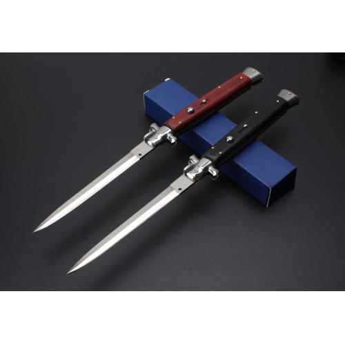 13-Inch Black Stiletto Switchblade with Vibrant Wood Handle