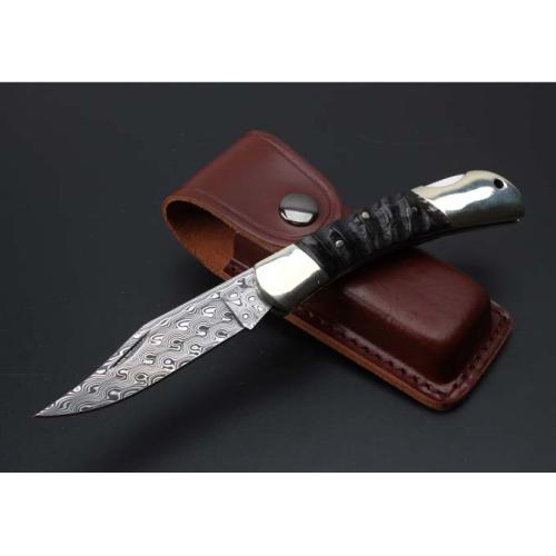 Imported Damascus - Dual Brass Wild Ram Horn Folding Knife