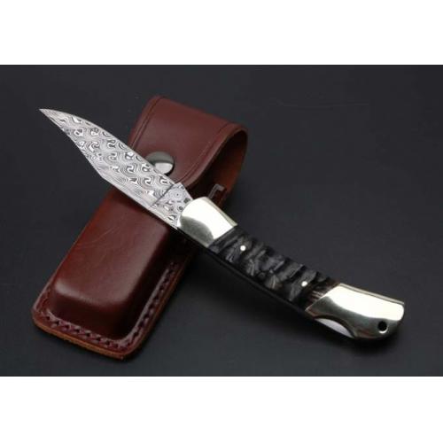 Imported Damascus - Dual Brass Wild Ram Horn Folding Knife