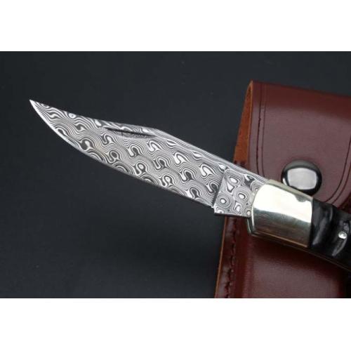Imported Damascus - Dual Brass Wild Ram Horn Folding Knife
