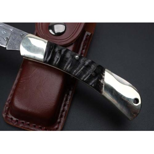 Imported Damascus - Dual Brass Wild Ram Horn Folding Knife