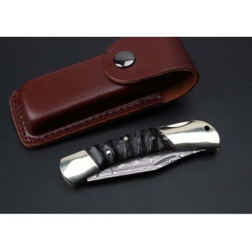 Imported Damascus - Dual Brass Wild Ram Horn Folding Knife
