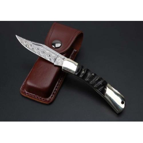 Imported Damascus - Dual Brass Wild Ram Horn Folding Knife