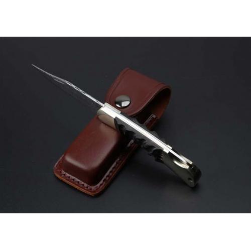 Imported Damascus - Dual Brass Wild Ram Horn Folding Knife