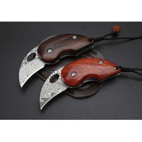 Damascus Folding Knife with Natural Wood Handle
