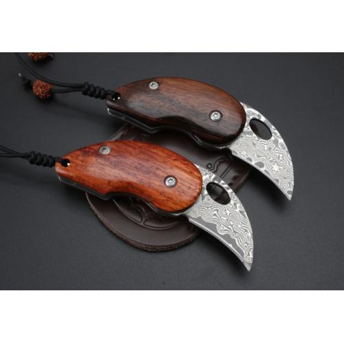 Damascus Folding Knife with Natural Wood Handle