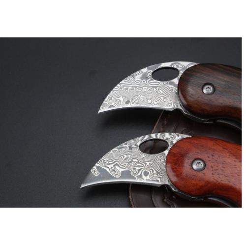Damascus Folding Knife with Natural Wood Handle