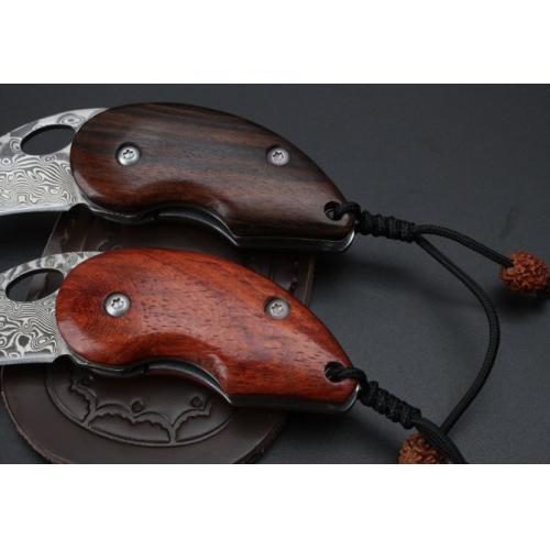 Damascus Folding Knife with Natural Wood Handle