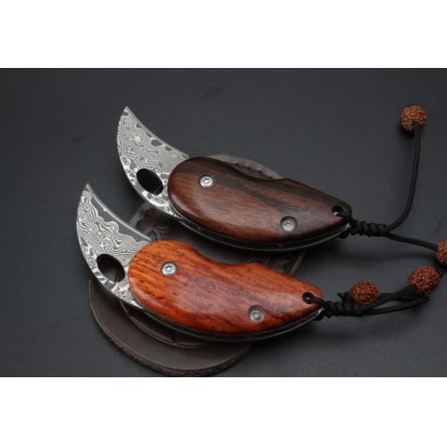 Damascus Folding Knife with Natural Wood Handle