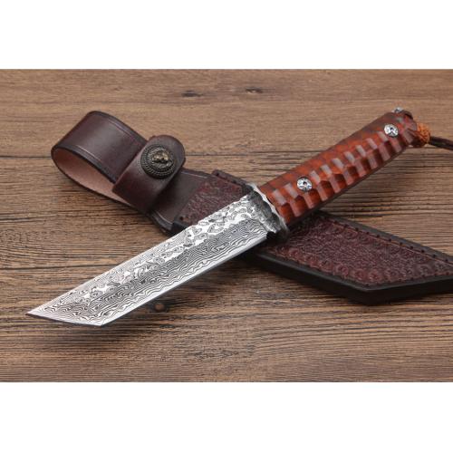 Red Sandalwood Damascus Samurai Knife (Flat Blade)
