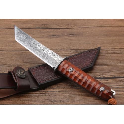 Red Sandalwood Damascus Samurai Knife (Flat Blade)