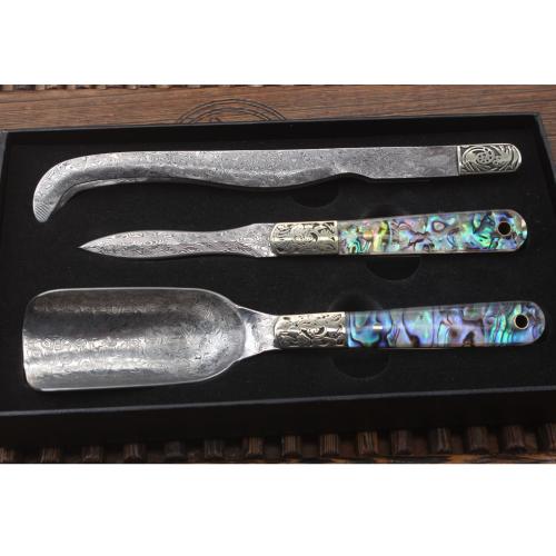 3-Piece Damascus Steel Tea Knife Gift Set with Abalone Shell