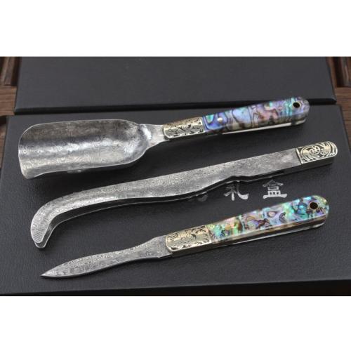 3-Piece Damascus Steel Tea Knife Gift Set with Abalone Shell