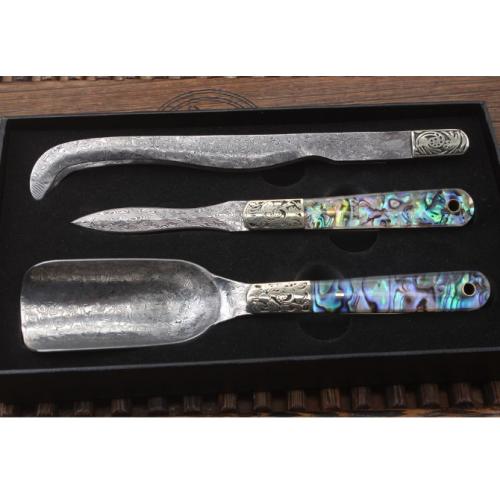 3-Piece Damascus Steel Tea Knife Gift Set with Abalone Shell