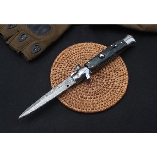 9-Inch AKC Italian Damascus Switchblade with Stabilized Wood Handle