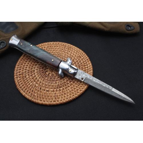 9-Inch AKC Italian Damascus Switchblade with Stabilized Wood Handle
