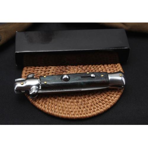 9-Inch AKC Italian Damascus Switchblade with Stabilized Wood Handle