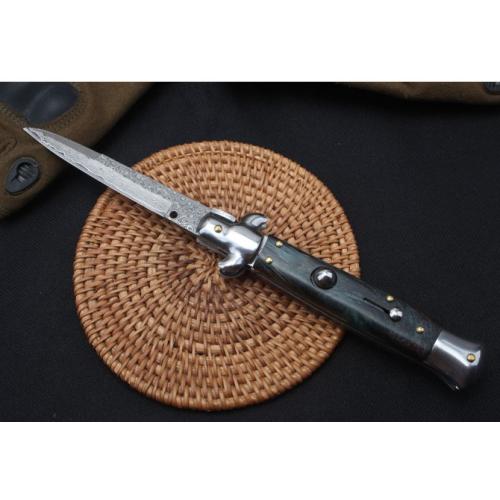 9-Inch AKC Italian Damascus Switchblade with Stabilized Wood Handle