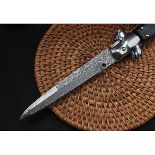 9-Inch AKC Italian Damascus Switchblade with Stabilized Wood Handle