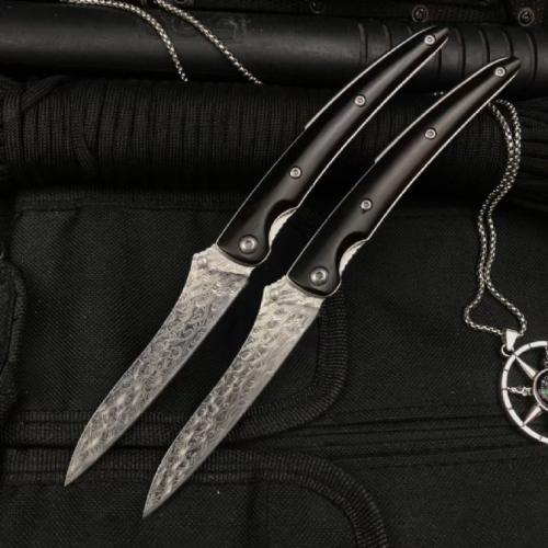 Classic Damascus Folding Knife with an Ebony Handle