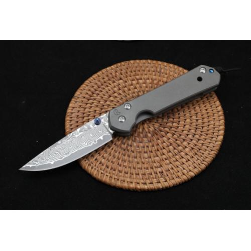 ChrisV Damascus Folding Knife with Titanium Handle (Flat Pattern)