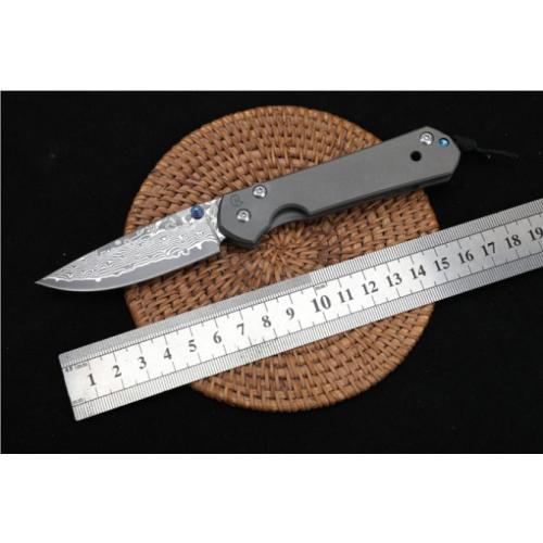 ChrisV Damascus Folding Knife with Titanium Handle (Flat Pattern)